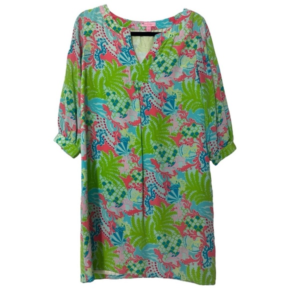 Lilly Pulitzer 100% Silk Mini Dress Beach Floral Lizard Print Preppy 3/4 Sleeve - Picture 1 of 4